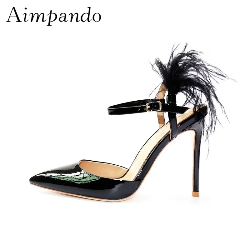 

Gladiator Sandals Women The New Chic Point Toe Ankle Strap Stiletto Heel Feather High Heels Zapatos Mujer