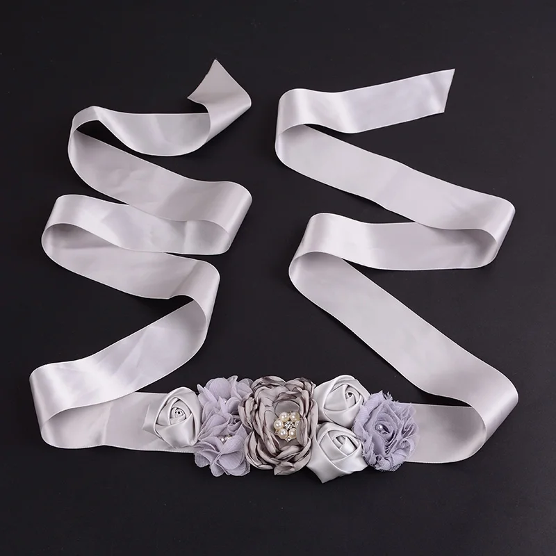 Purple, Gray, Navy Blue, Pink Flower Belt Satin Ribbons Rhinestone Kids Belts Girls Wedding Flower Girl Belt Sashes for Dresses