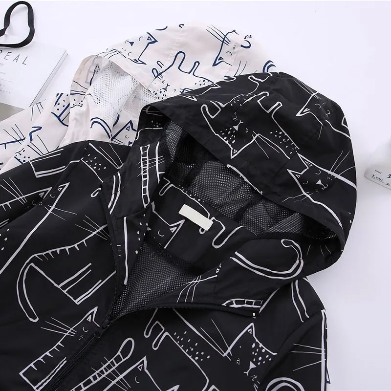 

2019 Spring Jacket Female Outerwear Ladies Causal Windbreaker Jackets Women Fashion Hooded Cat Cartoon Print Coats