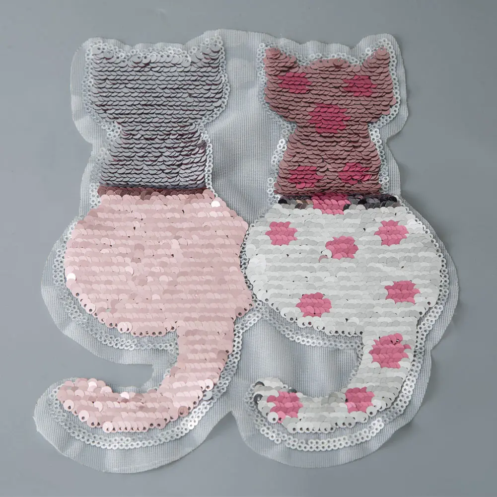 Cat Reversible Change Color Sequins Patch DIY Sew On Patch For Clothes Applique