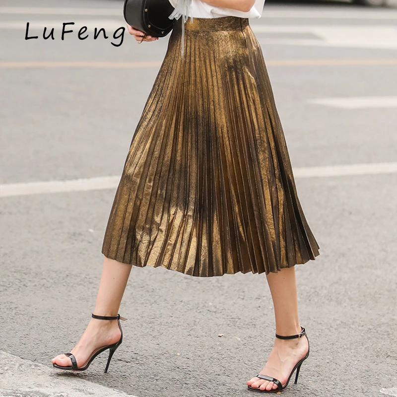 Pleated Skirt Women European Fashion Suede Gold Si...