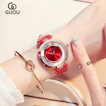 

Top Luxury Famous GUOU Brand Fashion Quartz Women Watches Shining Rhinestone Female Leather Waterproof Watch Lady Gift relogio
