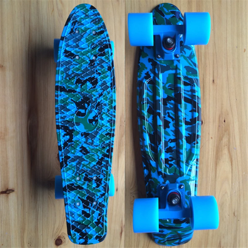 

CHI YUAN Blue Camouflage Graphic Printed Mini Cruiser Plastic Skateboard 22" X 6" Retro Longboard Skate Long Board