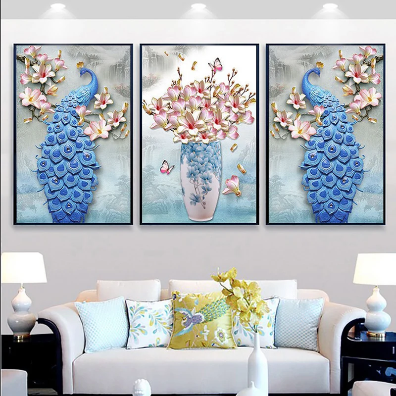 

QIANZEHUI,DIY 5D Peacock vase Magnolia triple Embroidery,Round Diamond Full rhinestone Diamond painting cross stitch,needlework