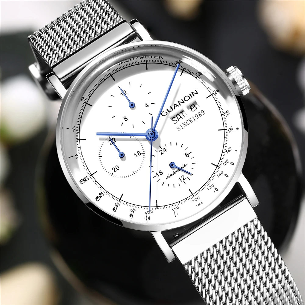 GUANQIN الميكانيكية ووتش الرجال الفاخرة ساعة أعلى العلامة التجارية شبكة من الاستانلس استيل حزام للماء التلقائي ووتش الرجال Erkek كول الساعاتي