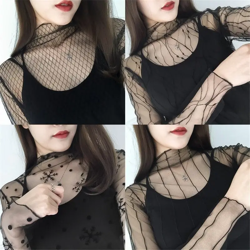 

BLACKPINK new Openwork mesh tops Women's sense transparent mesh fishing net long sleeves inside mesh black lace bottoming shirt