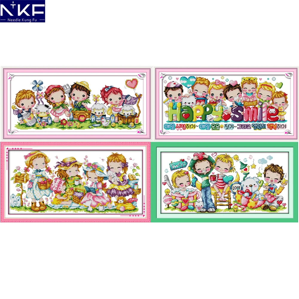 

NKF Happy Childhood Counted Cross Stitch Embroidery Sets 11CT14CT DIY Kit Needlework Cartoon Cross Stitch Pattern for Kids