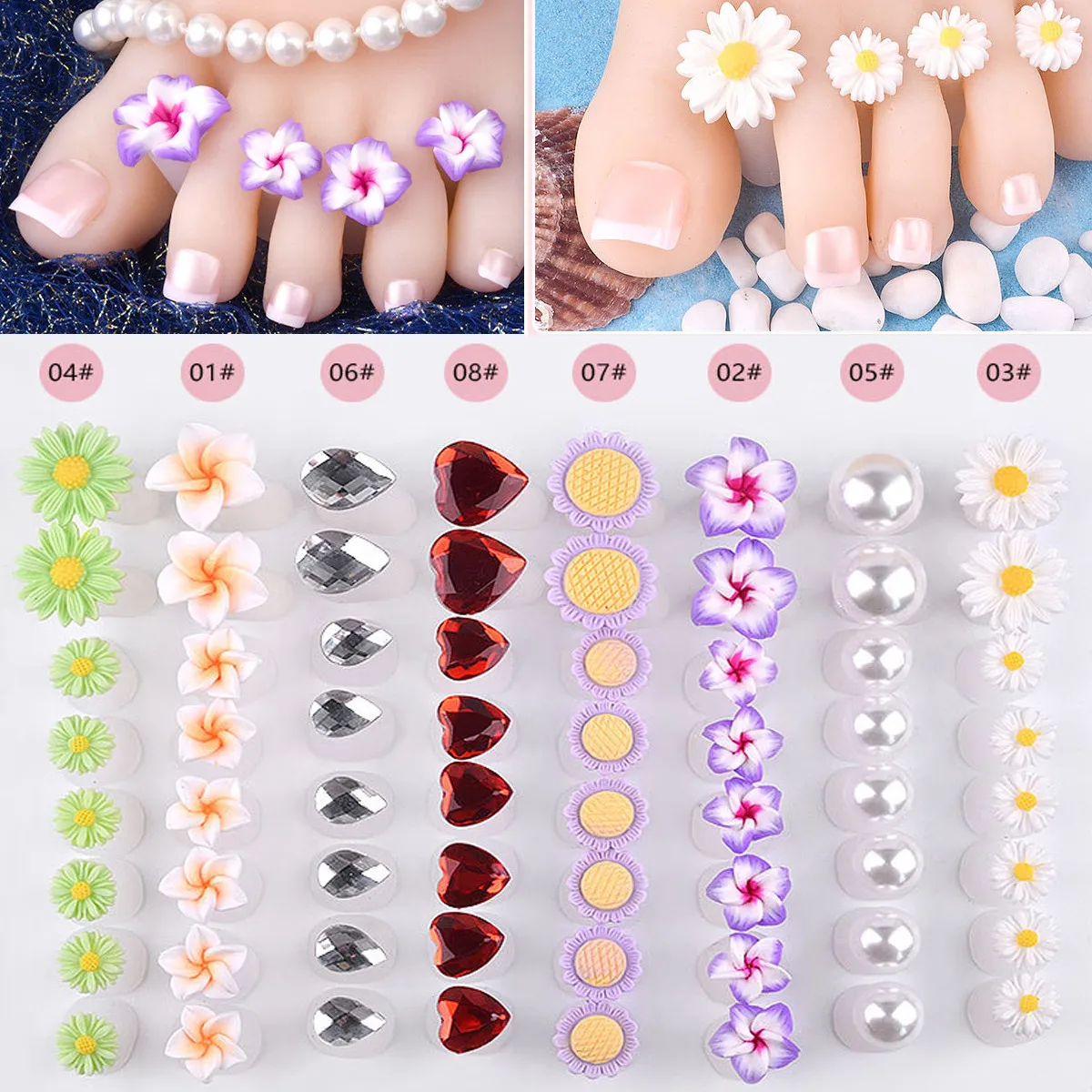 

8pcs Toe Separator Silicone Foot Nail Art Tools Pedicure Nails Painting Assist Toe Separate DIY Tool Flower Diamond Pearl Design