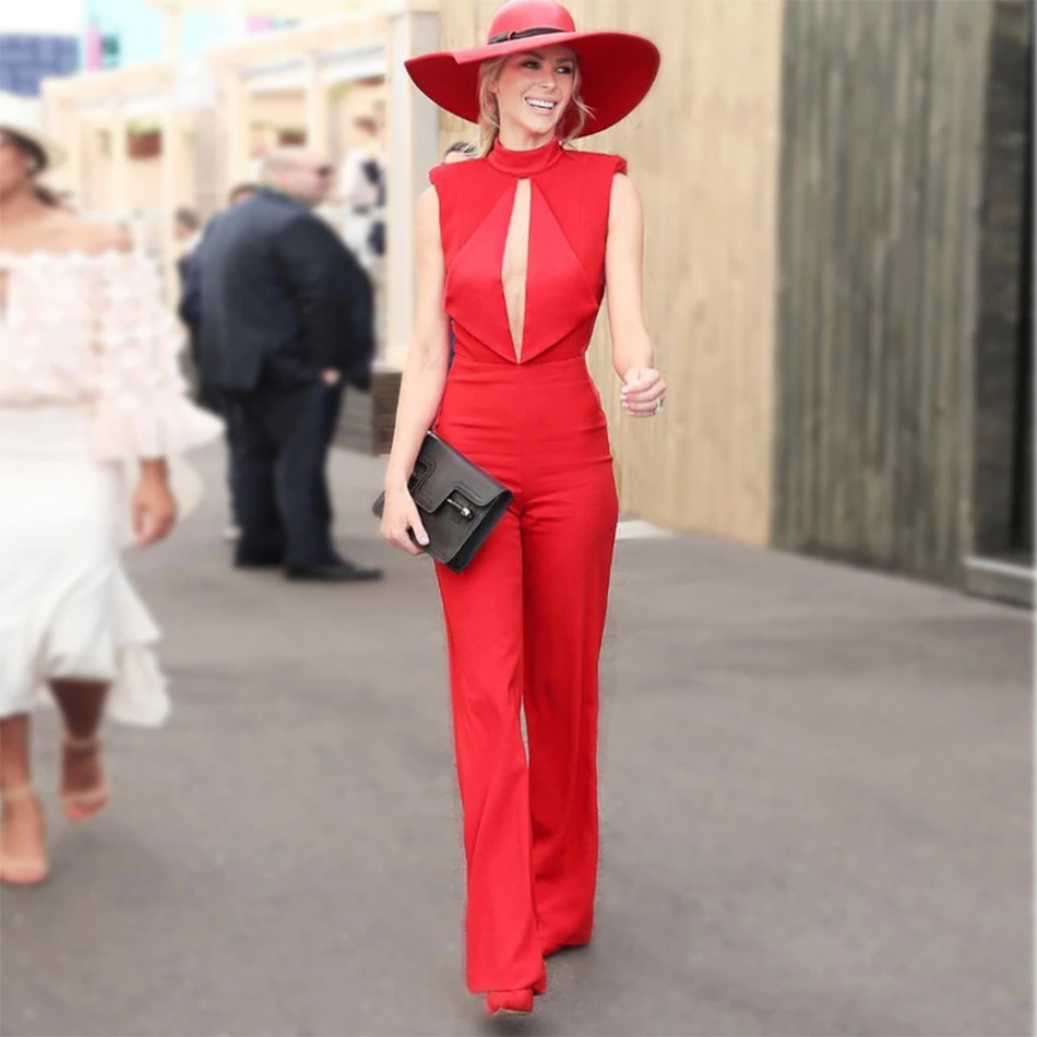 

Newest Spring Women Jumpsuit Celebrity Party Sleeveless O-Neck Elegant Backless Boot Cut Bodysuit Women Wholesale Runway