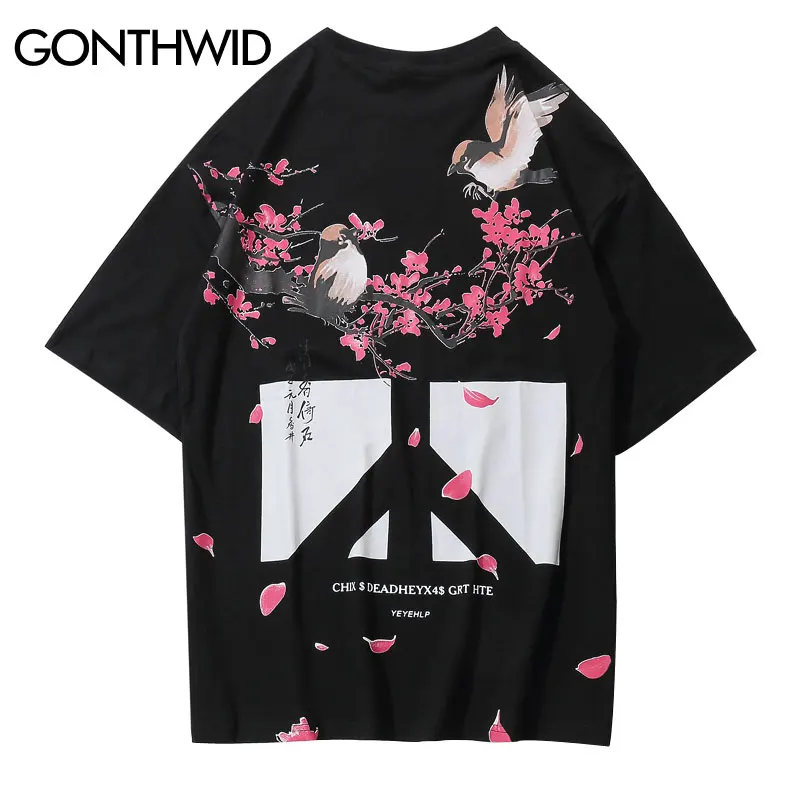 GONTHWID китайские цветы птицы анти войны печати футболки уличная мужские хип хоп повседневные футболки с коротким рукавом топы мужская мода