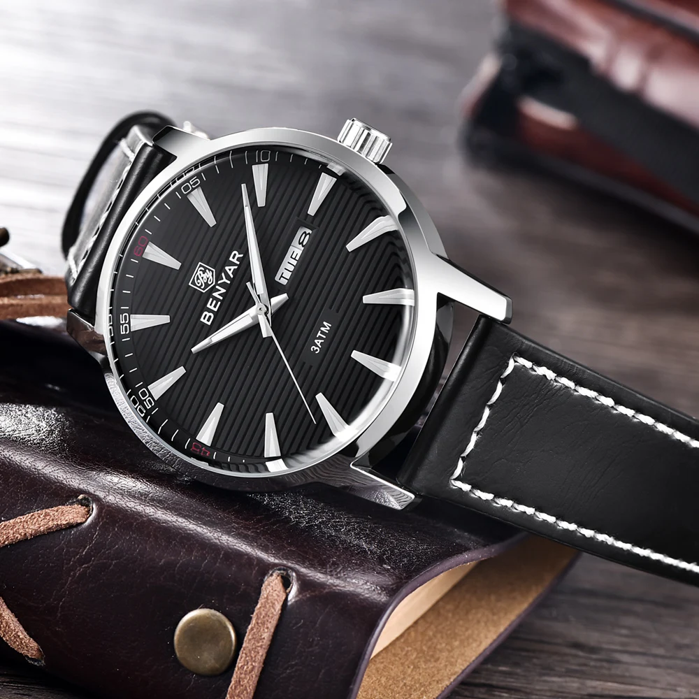 Топ люксовый бренд BENYAR новые мужские часы модные водонепроницаемые неделя Дата Военные мужские кварцевые кожаные часы Relogio Masculino