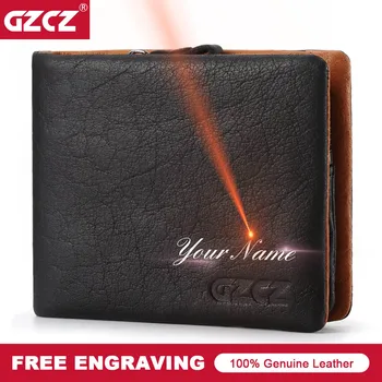 

GZCZ Vintage Genuine Leather Men Wallet Clamp For Money Card Holder Male Purse Bifold Slim Wallets PORTFOLIO MAN Free Engraving