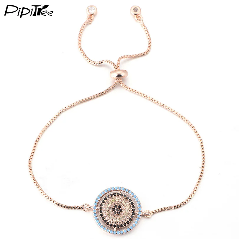 

Pipitree New Round CZ Eye Charm Bracelet Rose Gold Color Slider Chain Bracelets for Women and Men Crystal Jewelry Adjustable