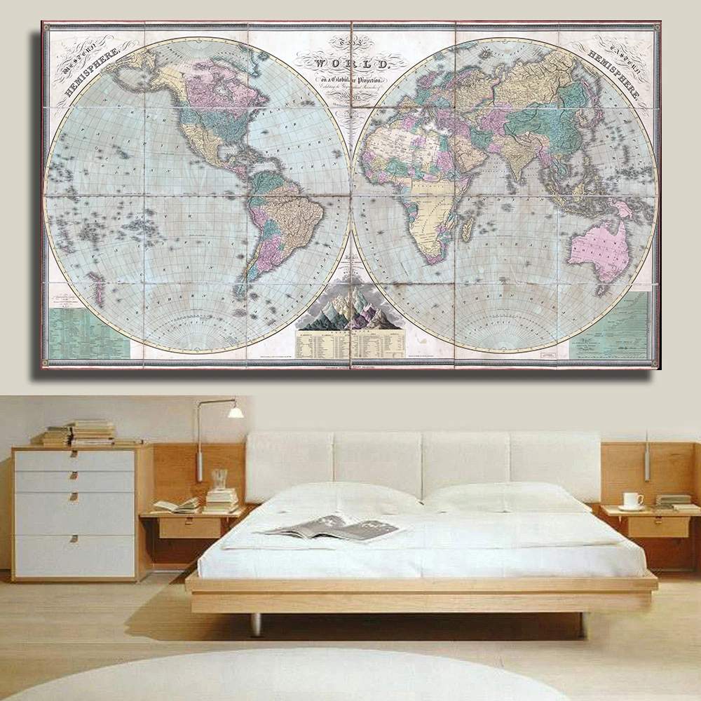 

QKART Decorative Pictures Canvas Painting no Framed Old Political Map of the World 1826 ArtWork for Living Room Office Decor