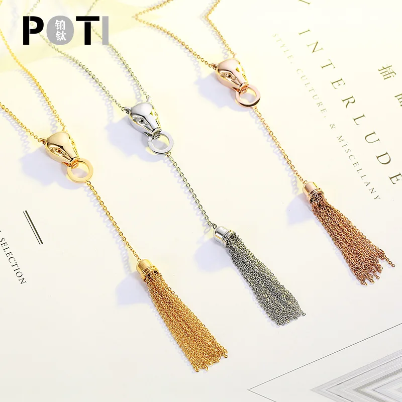 

tshou202 New Leopard Head Fringe Medium Sweater Chain Female Titanium Steel Non-fading Necklace