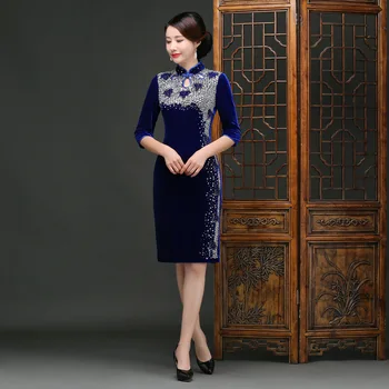 

2020 New Velvet Female Cheongsam Autumn Exquisite Beaded Prom Party Dress Plus Size XXXL Traditional Chinese Qipao Vestidos