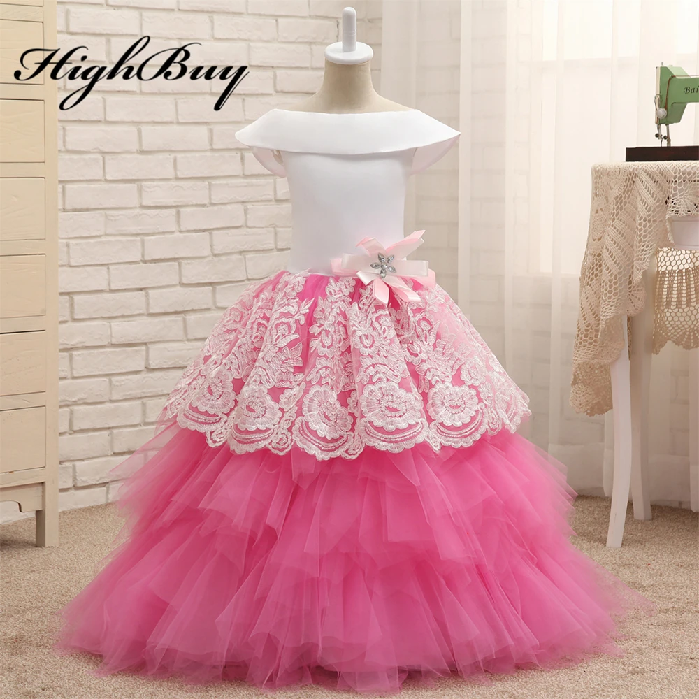 HighBuy 2017 White Satin Pink Puffy Flower Girl Dresses Toddler Ball