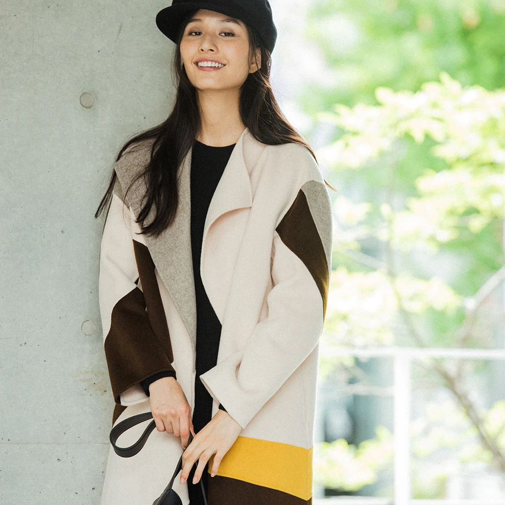 

IRINAW926 2018 AW New Collection original design multi colored patchwork long double faced wool coat women