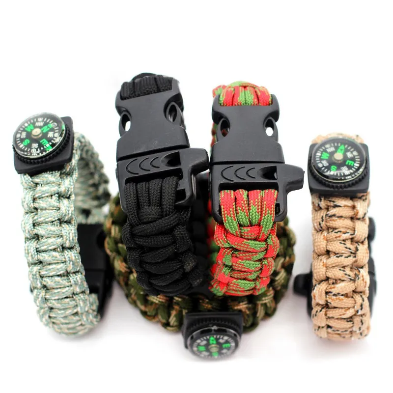2017 في الهواء الطلق التخييم متعددة الوظائف الطوارئ بقاء سوار للانقاذ المظلة الحبل معصمه صافرة البوصلة Paracord s