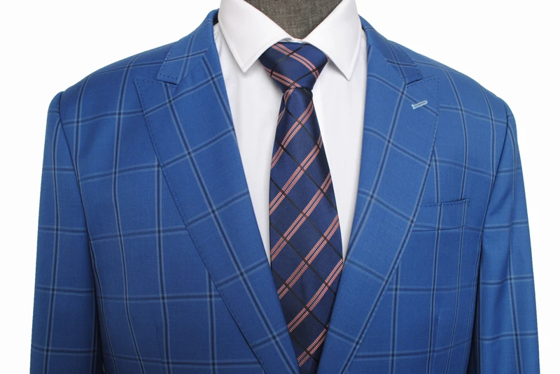 Made high quality 150's worsted wool blue windowpane check Men Suit for wedding business causal suit