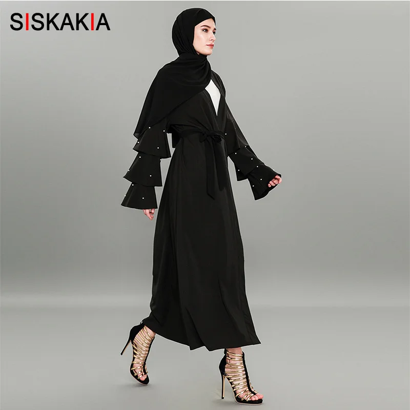 Siskakia, женский кардиган abaya, украшенный бусинами, многослойные халаты с расклешенными рукавами, женские халаты, ислам, Арабский Дубай