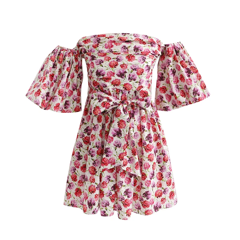 

2019 summer women floral print mini dress bow tie sashes short sleeve dresses