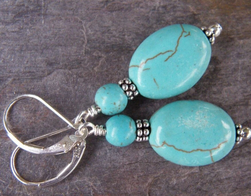

hot sell new - wb003 Handmade Bold 13x18mm Turquoise W. Sterling Silver Leverback Earrings