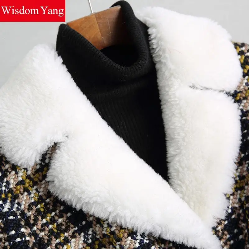 Survêtement Jaune De Chaud Laine Manteau Ceinture Angleterre Tweed Manteaux Bleu Picture Femmes 2018 Tonte Des Réel Moutons Hiver Mince See Plaid vYf7b6gy