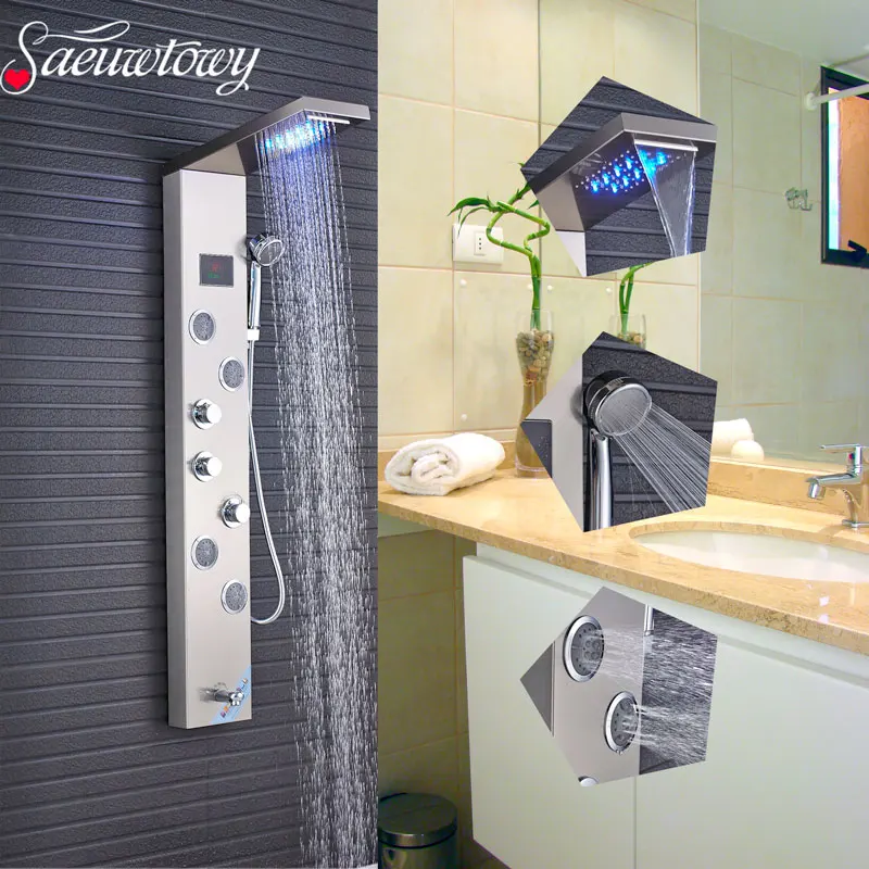 

Saeuwtowy LED Brushed Bathroom Shower Faucet Shower Pannel Digital Temperature Screen Shower System Mixer