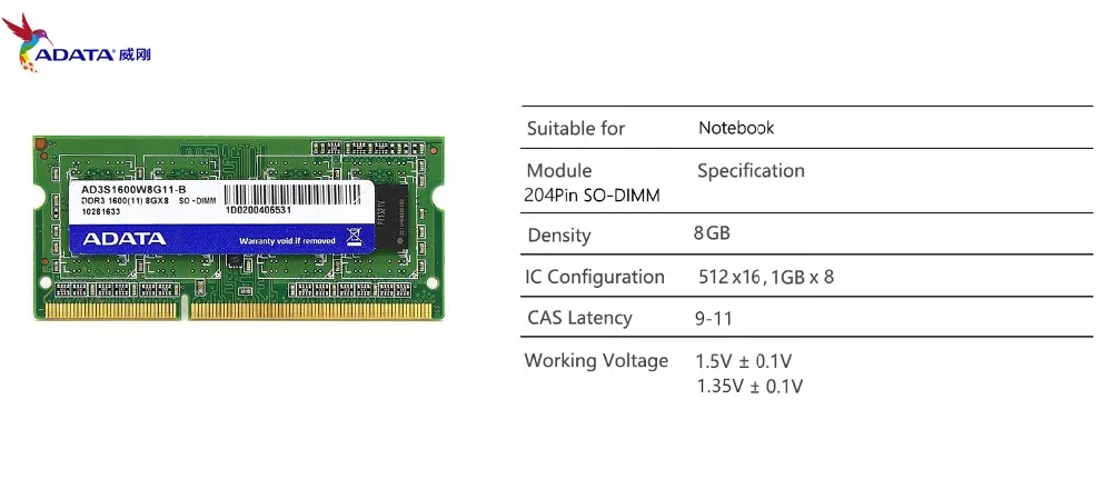 AData DDR3L 8 ГБ 8 ГБ 1333 МГц 2RX16 PC3-10600U DDR3 Тетрадь Оперативная память SO-DIMM 1600 12800 8G 204 оперативной памяти ноутбука памяти