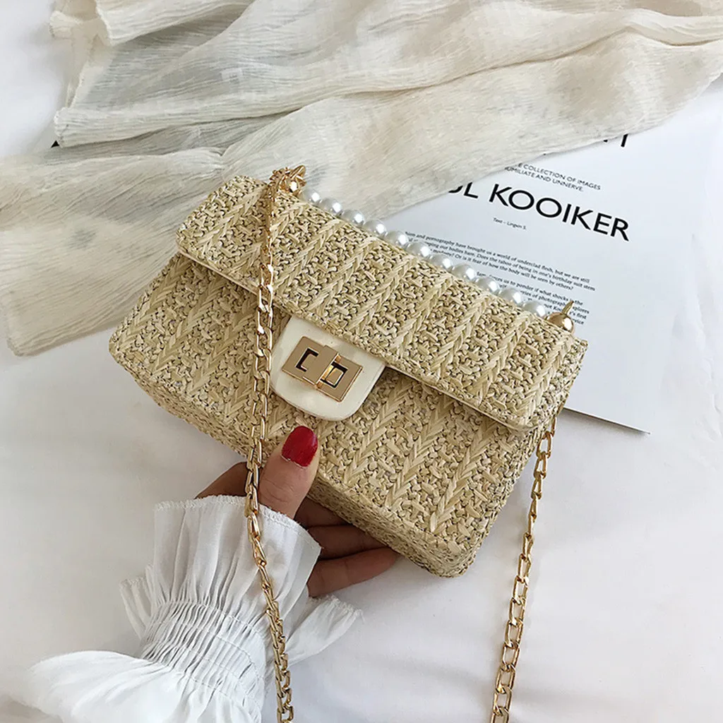 MUQGEW Straw Beach Bag Vintage Handmade Woven Shoulder Bag Raffia Rattan bags Bohemian Summer Vacation Casual Bags