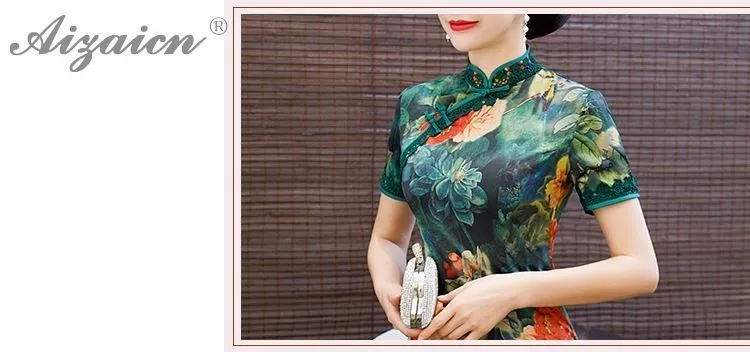 Новинка 2019 года кружево край печати Cheongsam для женщин китайский традиционное платье Qipao темно зеленый Восточный стиль винтаж Qi Pao длинные