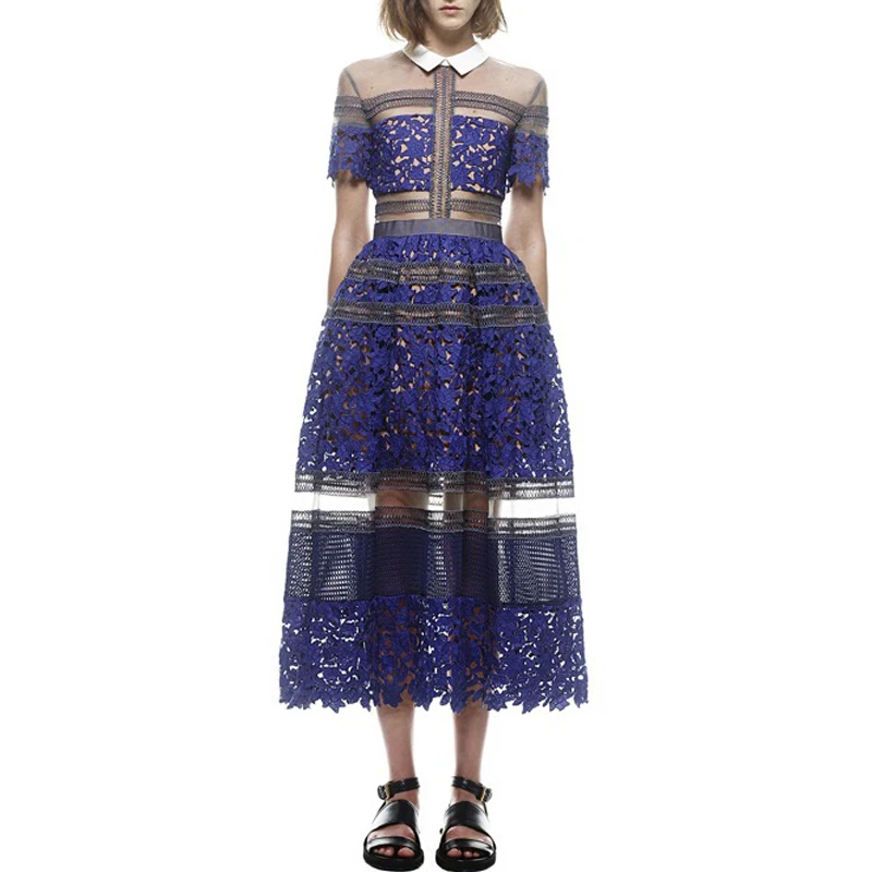 

2017 New Arrival Brand New Self Portrait Style Lace Crochet Dress Women Long Maxi Mid-calf Dress Fashion Runway Blue Dress
