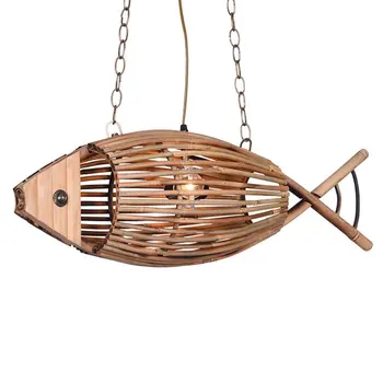 

Bamboo Wood Light Originality Fish Pendant Lamp Retro Rural Restaurant Cafe Bar Hanging Light Personality Weaving Pendant Lights