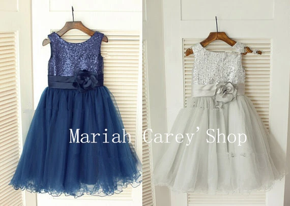 navy blue and silver flower girl dress