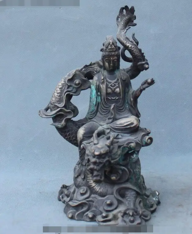 

S02306 12"Old Chinese Temple Bronze Silver Kwan-Yin Guan Yin Goddess Ride Dragon Statue