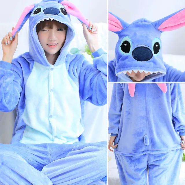 Women Unicorn Pajamas Sets Flannel Cute Animal Pajamas kits Women Winter unicornio Nightie Pyjamas Sleepwear Homewear - Цвет: blue stitch