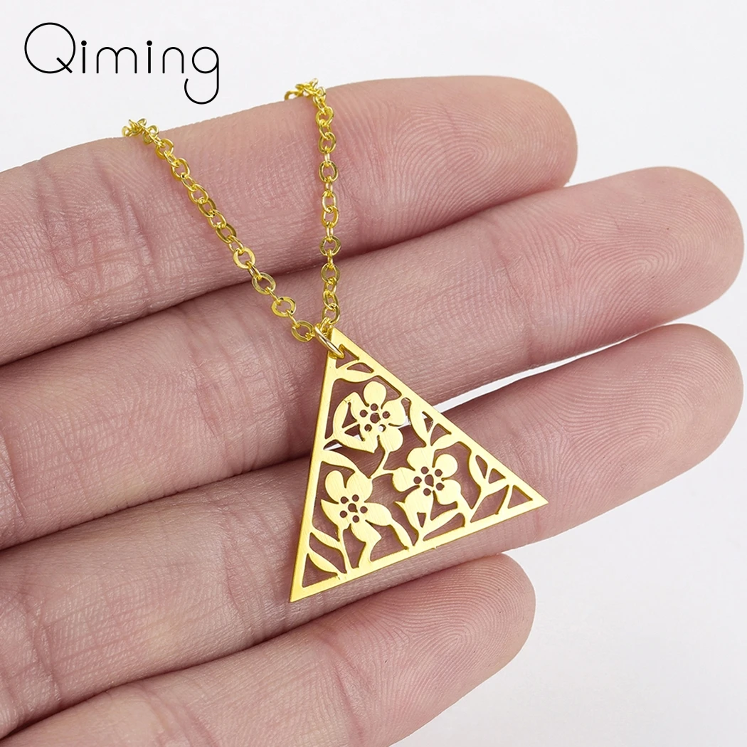 

Gold Flower Triangle Necklace Vintage Tibetan Retro Jewelry Boho Style Gift For Her Art Deco Pendant Chain Necklace Gifts