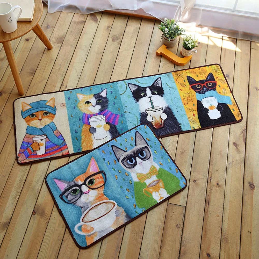 Korean Cartoon Cat Cool Drink Rug Kitchen Mat Cute Meow Star Carpet