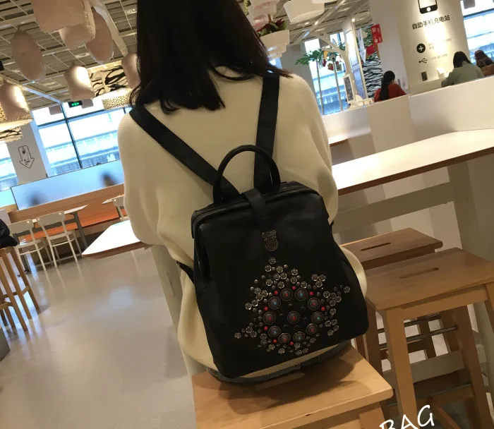 WOONAM Новая женская модная сумка из натуральной телячьей кожи, рюкзак в богемном стиле с этническими деталями, рюкзак с верхней ручкой, сумка WB466