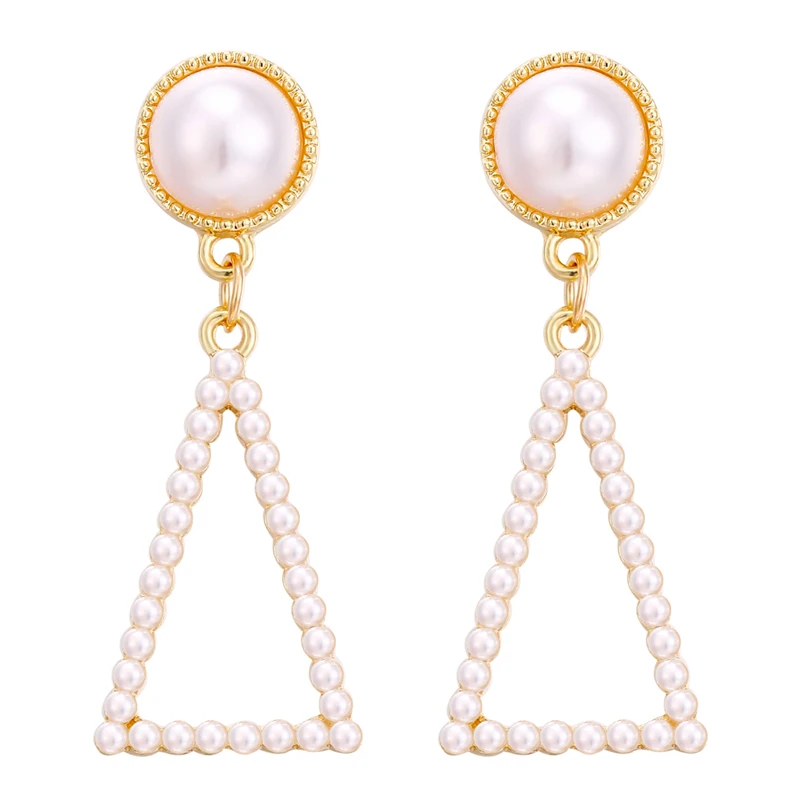 

Poputton Fashion Korean Gold Color Triangle Shaped Earrings For Women Big Vintage Pearl Dangle Drop Earrings 2019