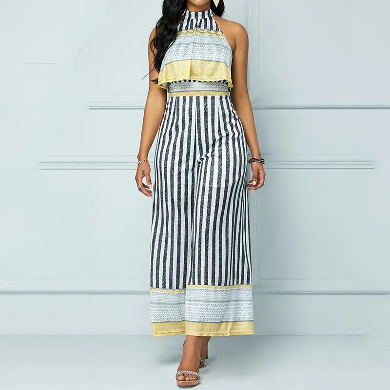 

Summer Sexy Travel Beach Black Vintage Office Ladies Women Rompers Casual Slim Stripe Print Elegant Female African Jumpsuits