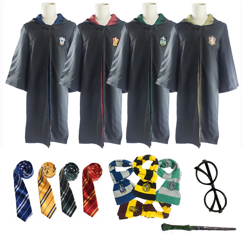 

Adult Kids Gryffindor Slytherin Hufflepuff Ravenclaw Robe Costume Cosplay Magic Cloak with Tie Scarf Wand Costume