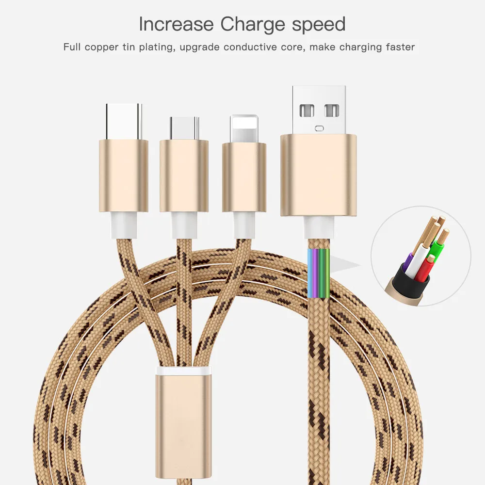 3 в 1 8Pin type C Micro USB кабель для iPhone 8X7 6 6S Plus iOS 10 9 8 samsung Nokia USB кабели для быстрой зарядки нейлоновый шнур