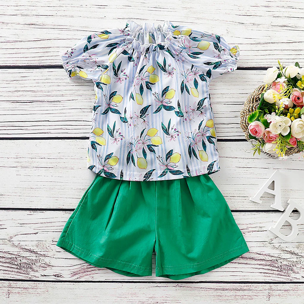 

Girls Sets New Spring Summer Children Sleeveless Fruits Lemon Print Tops+Solid Shorts 2PCS Kids Suit 3-7T Children Clothes