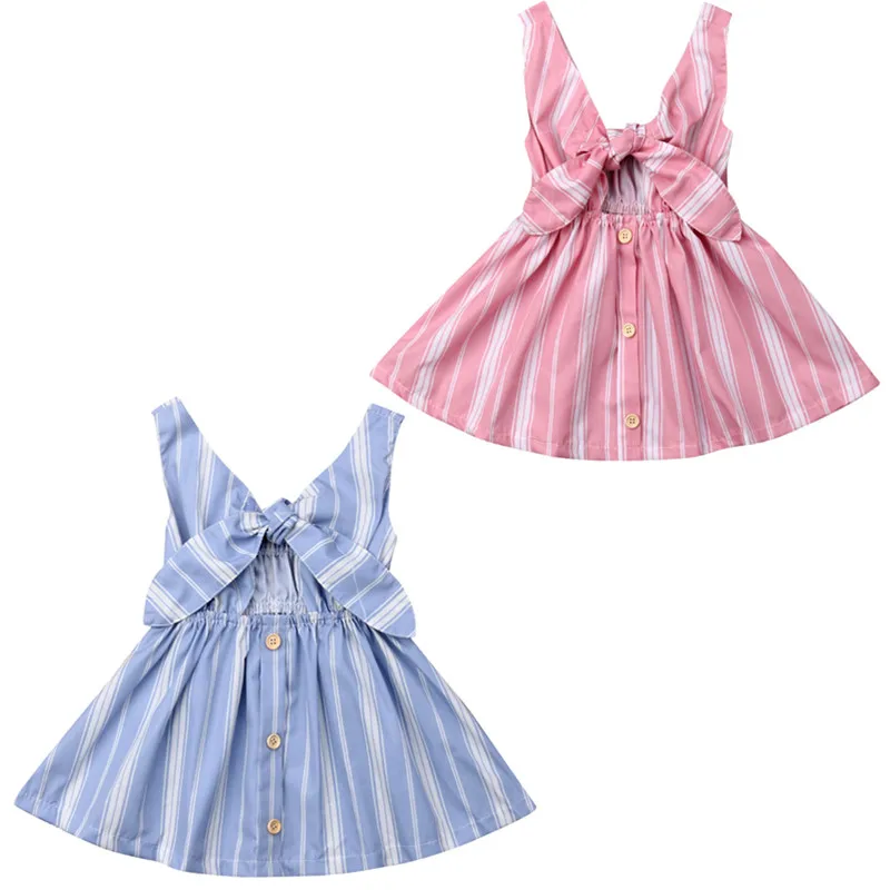 

Summer Toddler Kids Baby Girls Sleeveless Clothes Stripe Bow-knot Party Dress