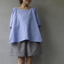 Women Plus Size Plaid Shorts Literary Mori girl Cotton Linen leisure Elastic Waist Loose Shorts Bottoms Pockets casual