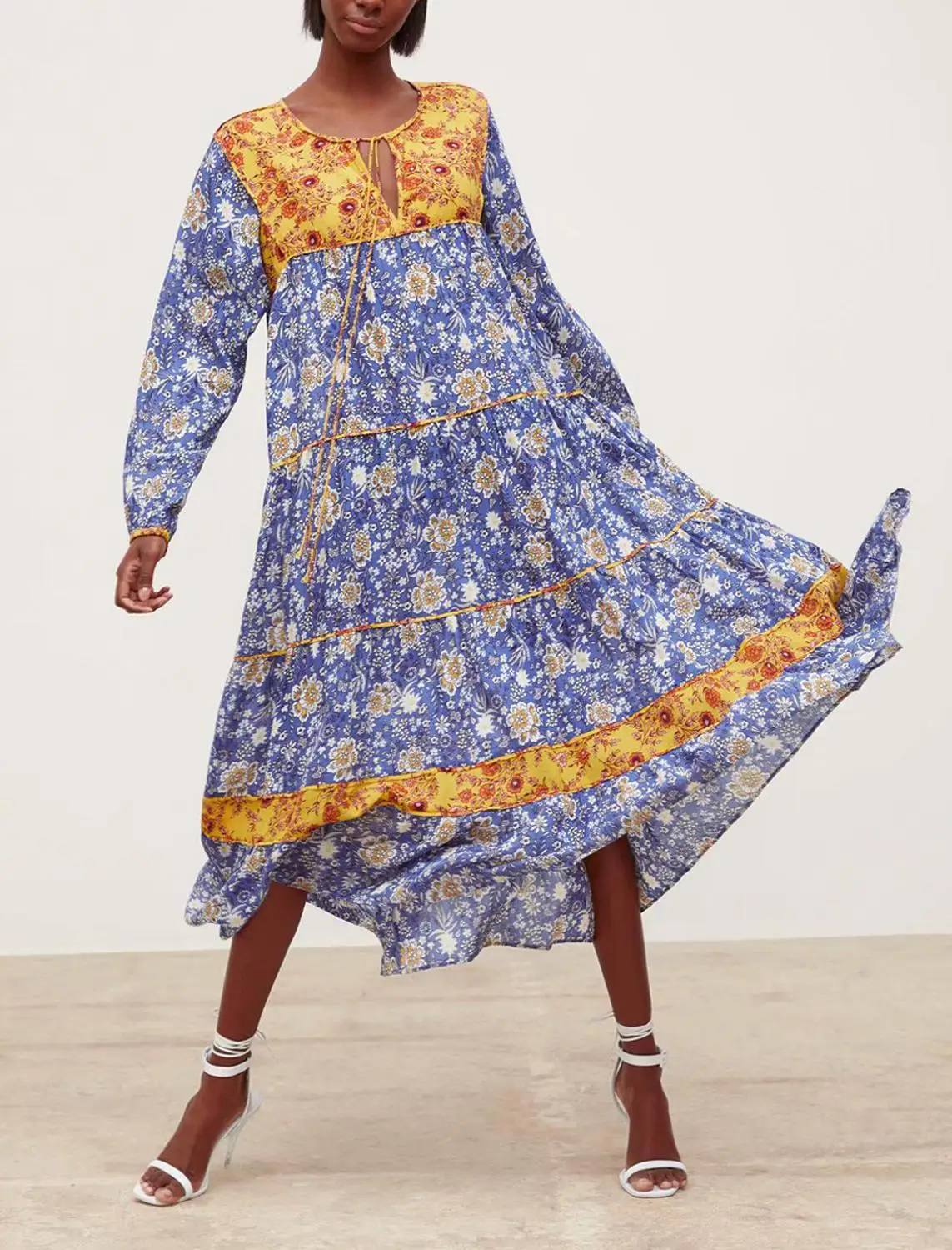 

Vintage Navy Blue Boho Dress Summer Long Sleeve O-neck Bohemian Long Dess Gypsy Chic Floral Maxi Dress Women Dresses Robe Longue