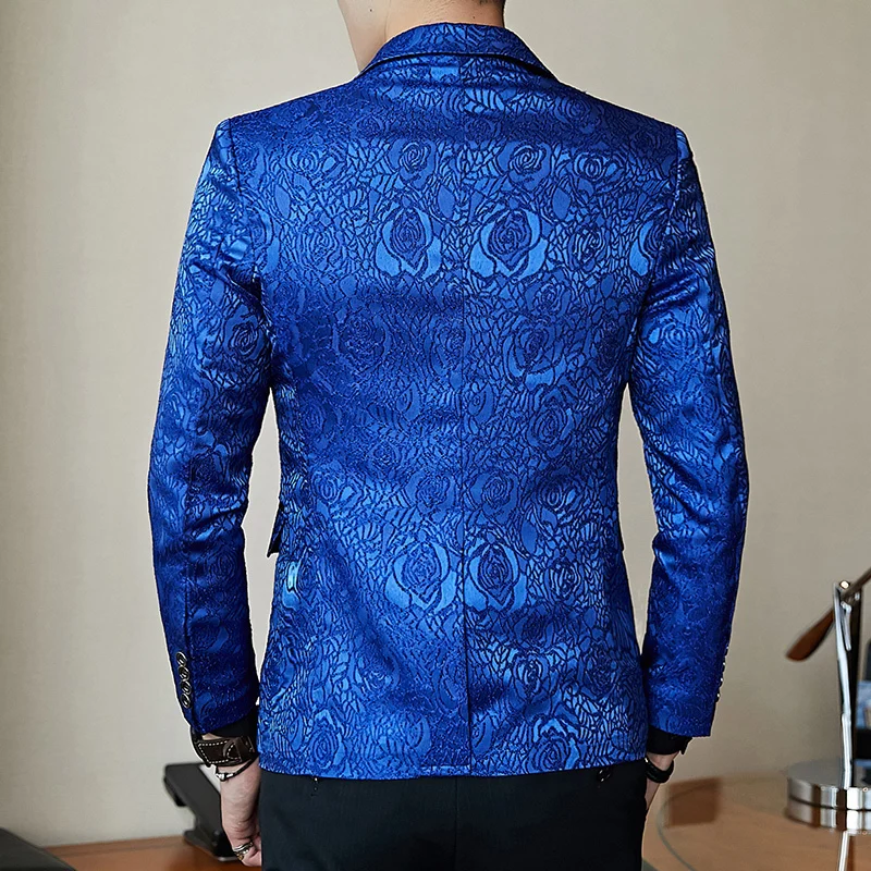 Azul real negro Promo para los hombres Rose Jaquard imprimir Slim Fit chaqueta elegante negocio Casual partido traje de boda CAPA