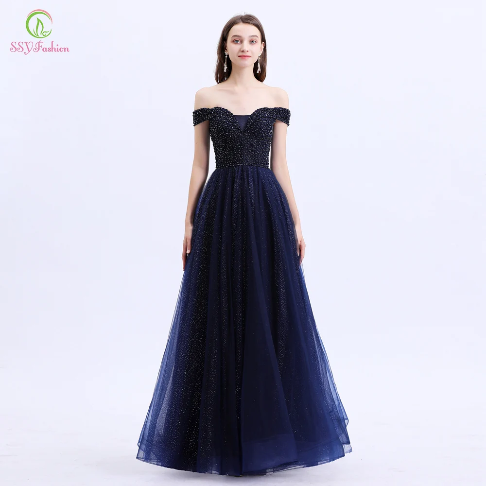 Женское вечернее платье SSYFashion элегантное темно синее с вырезом лодочкой и